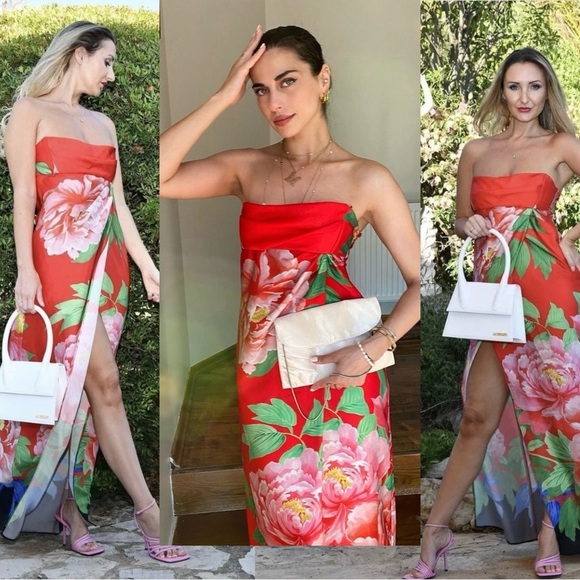 Zara red tropical floral flower strapless maxi dress front slit Sz S NWT - Picture 3 of 16